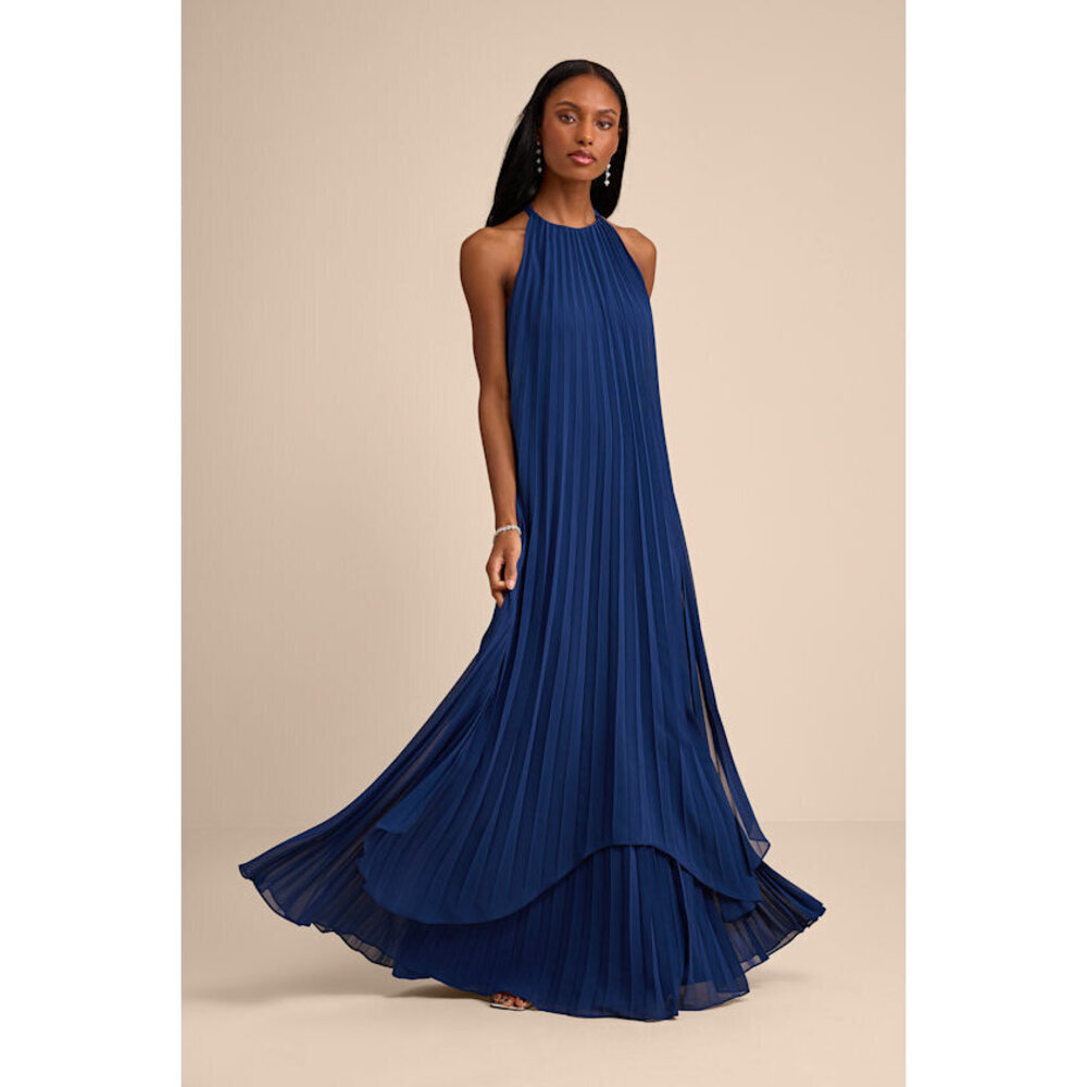 Lulus Dorala Dark Blue Pleated Lace-up Tiered Maxi Dress - Size M